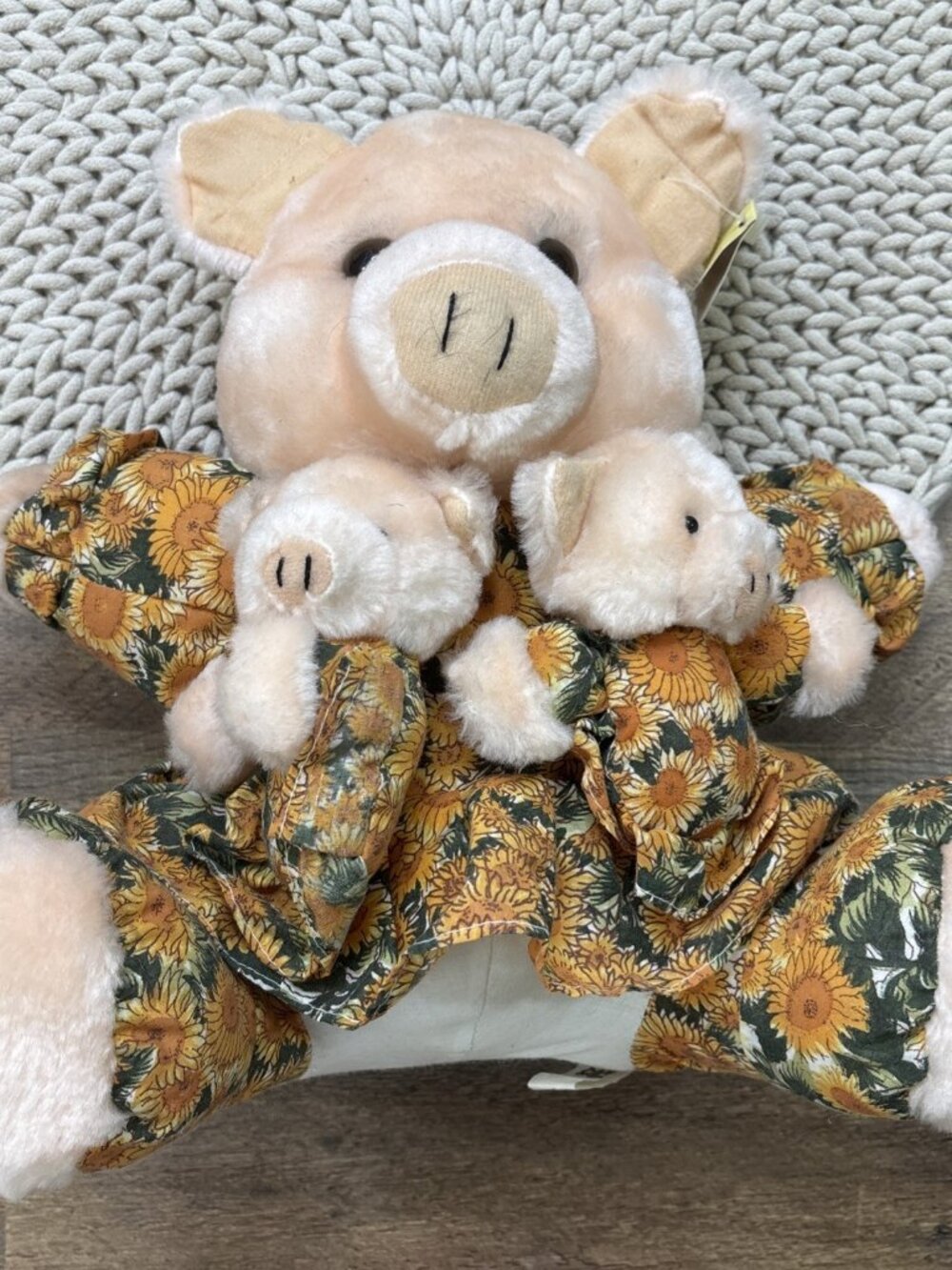 Vintage Plushland Mama Pig with Baby Piglets Plush Stuffed Animal Floral Dress